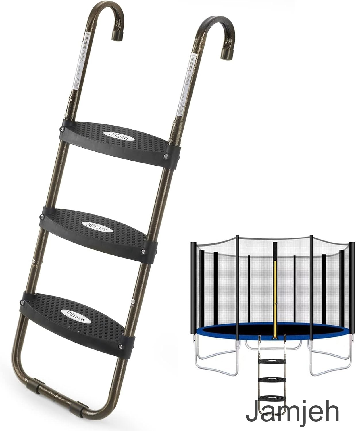 Jamjeh Trampoline Ladder, 3-Step Trampoline Steps with Horizontal Wide Steps, Skid-Proof Steps Universal Hook, UV Treated Steel, 220Lbs Capacity Trampoline Stairs Accessories for Kids/Children